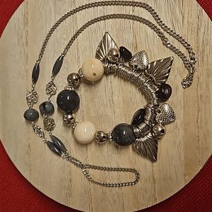 Necklace and bracelet black white gray silvertone neutral minimalist